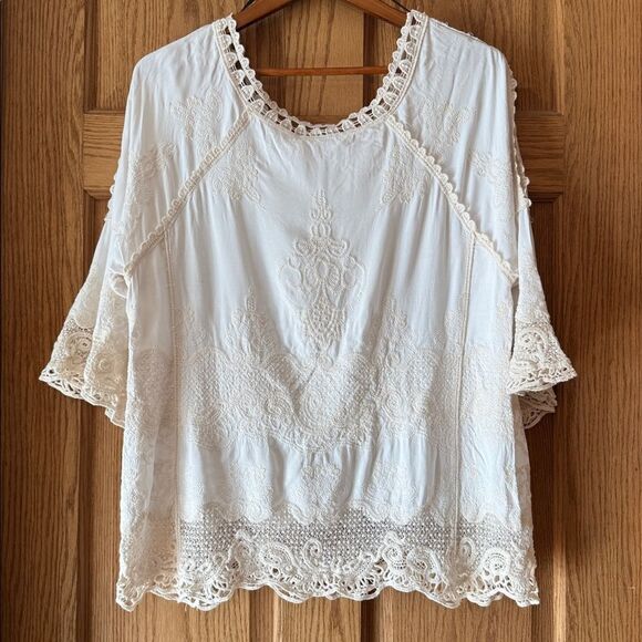 SPIAGGIA DOLCE Embroidered Lace Boho Top Crochet Trim Bell Sleeve Blouse *NEW* - Picture 13 of 13